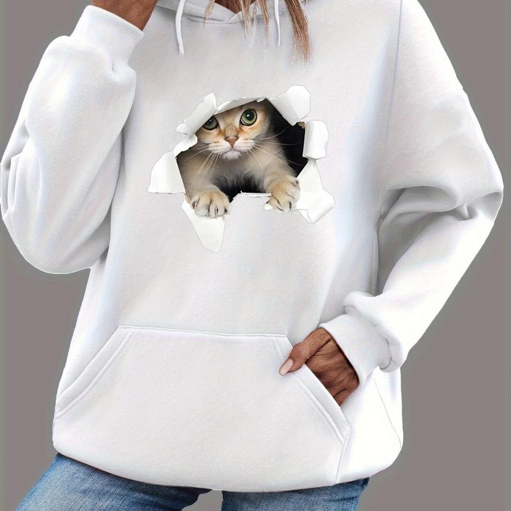 Women's Autumn and Winter Warm and Loose Casual 3D Cat Pattern Printed Velvet Long Sleeved Hooded Sweatshirt
