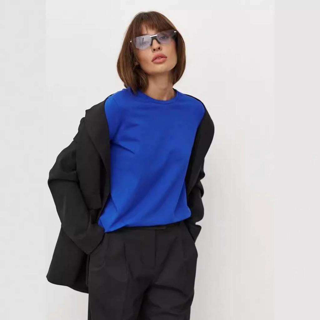 Casual Fashion Long Sleeve Women's 100% Cotton T-Shirt, Spring Versatile Basic Crew Neck Pullover Tee for American & European Commute Style