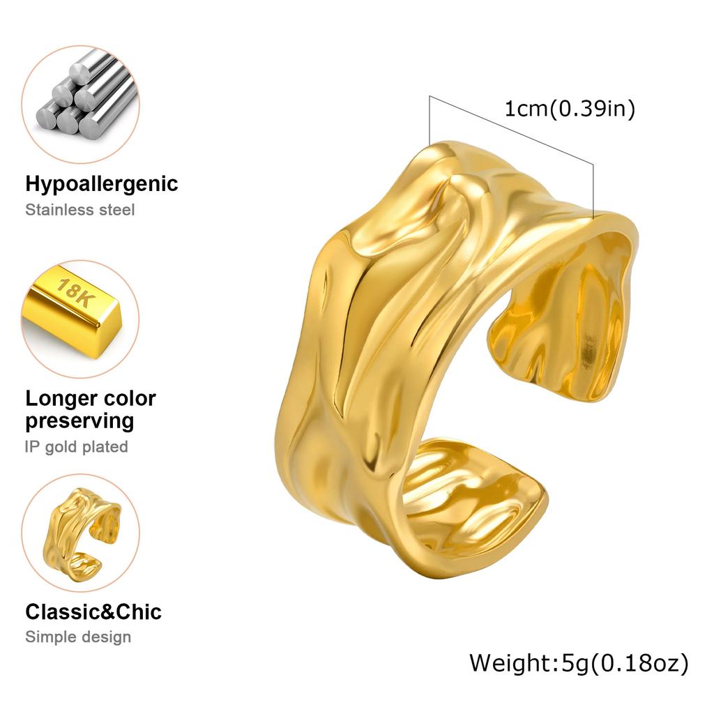 Vintage Irregular Textured Opening Ring for Women,Gold Color Stainless Steel Geometric Wedding Rings,Trendy Jewelry Gift