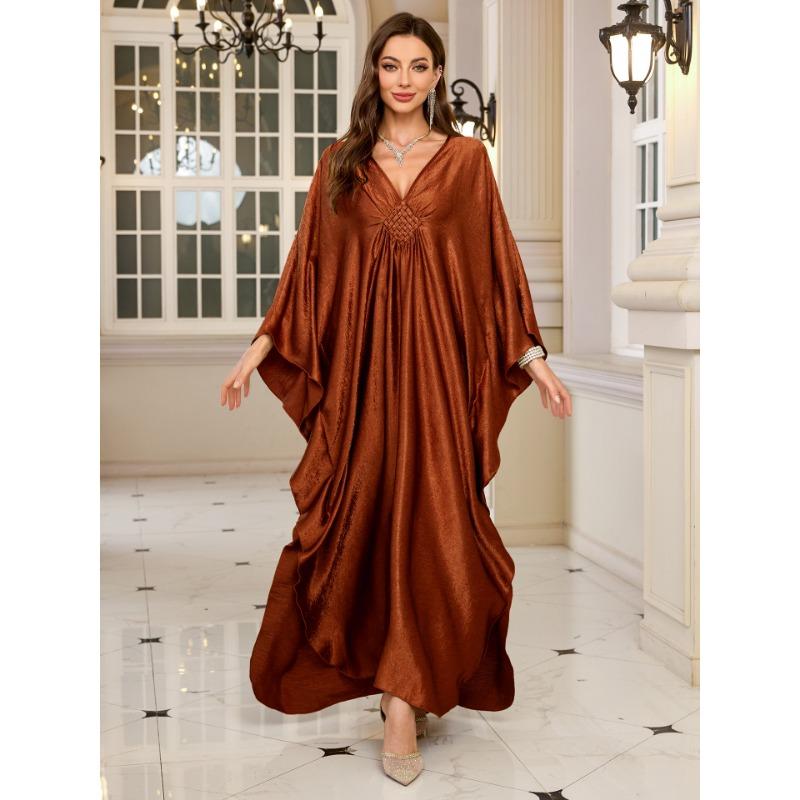 ქალთა მოდა საგაზაფხულო შემოდგომა ერთიანი ფერადი პრინტი გრძელმკლავიანი V-კისერი თავისუფალი წელის ჩვეულებრივი კაბები