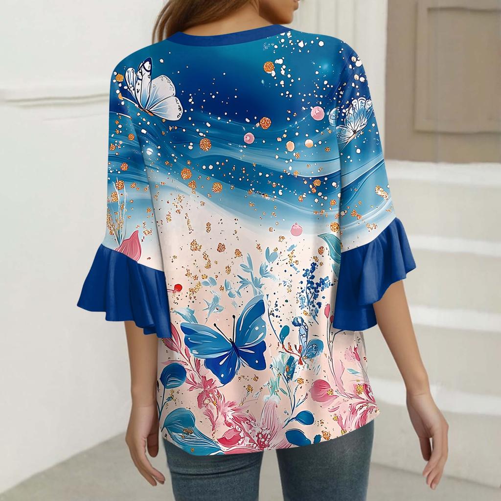 Tops For Women Cute Button V Neck 3/4 Sleeve Blouses Print Top Casual Shirts