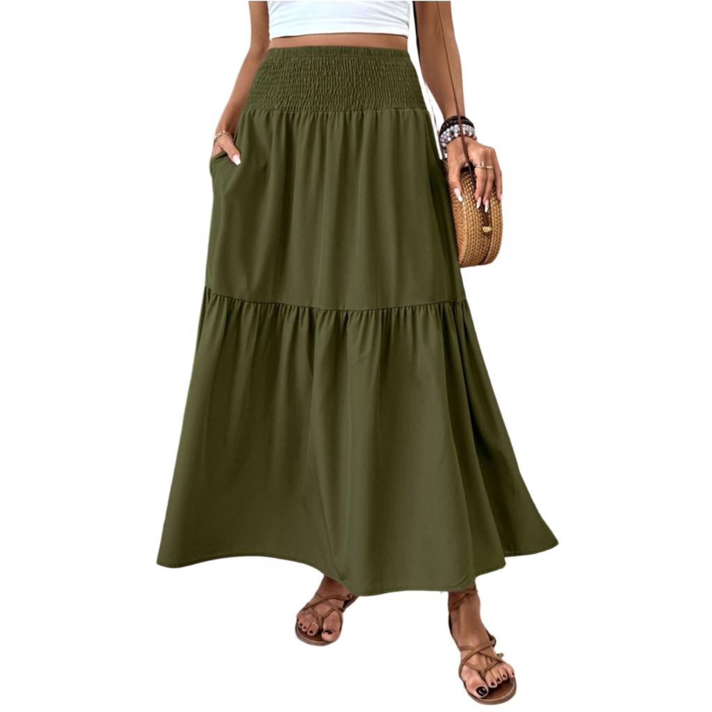 Women's Fashion Pleated Floral Print Elastic Waist Loose Splicing A Line Pocket Skirt