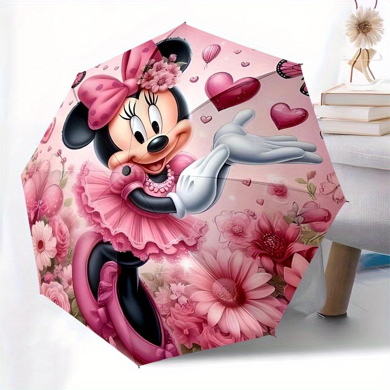 Minnie Mouse, Pink Floral Automatic Opening and Closing Umbrella, Compact Travel Umbrella, Lightweight and Portable, Suitable for Beach Comm