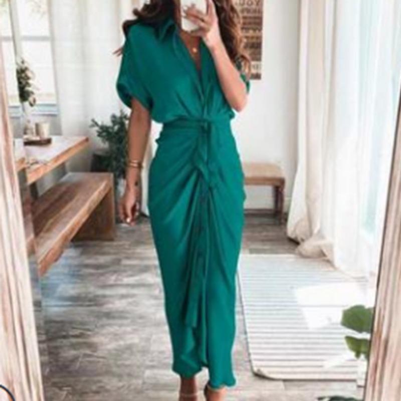 

Летнее элегантное платье-рубашка с коротким рукавом, модное платье больших размеров, свободные плиссированные пуговицы с лацканами, офисное платье с высокой талией, облегающие вечерние платья 913 3XL темно-зеленого