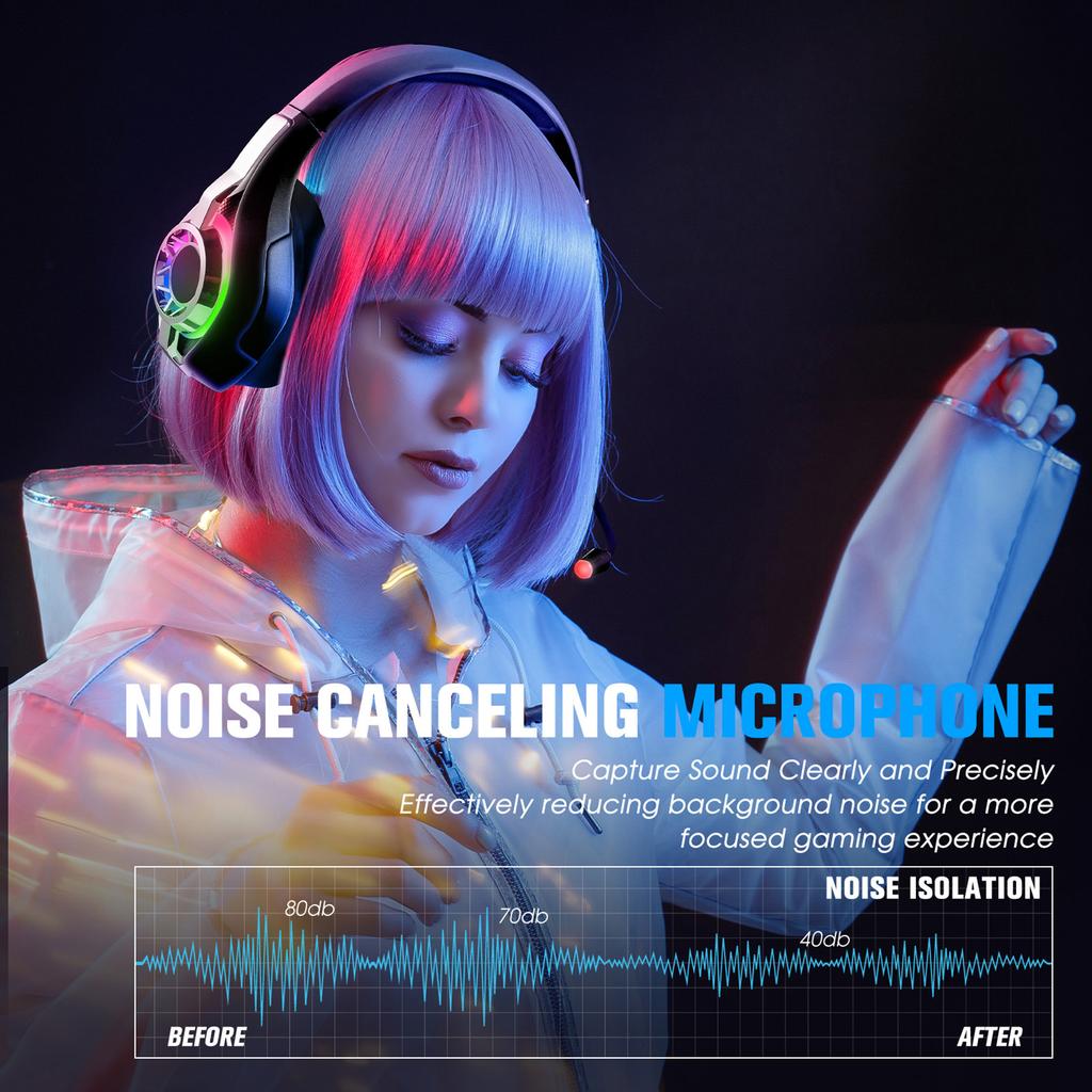 Wireless Gaming Hdset with 2.4GHz/ /Wired Modes, RGB Lighting Game Hdphones with Noise Canceling Mic, 7.1 Surround Sound, for PC, Game Console,