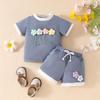 Toddler Summer Waffle Color Block Short Sleeve Set with 3D Flower, 2-Piece