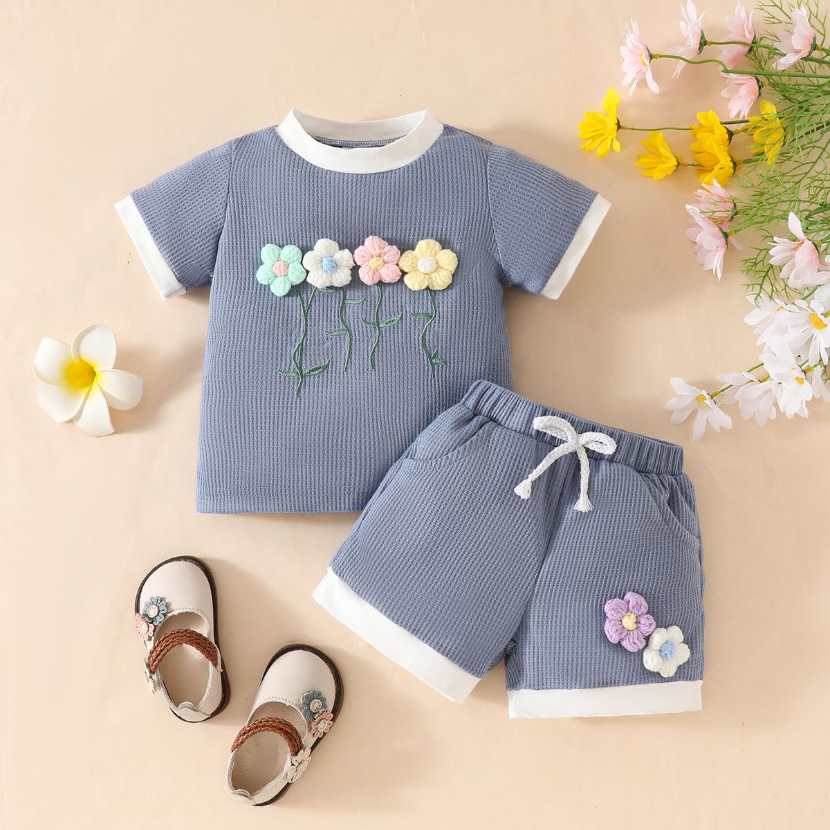 

Toddler Summer Waffle Color Block Short Sleeve Set with 3D Flower, 2-Piece 9-12 Months синий