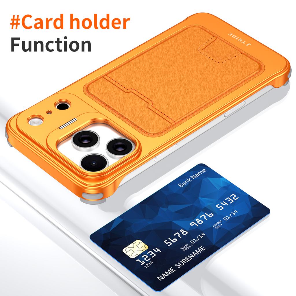 For iPhone 15 Pro Max Case Lens Frame Kickstand Metal Frameless Phone Cover with Leather Card Slots