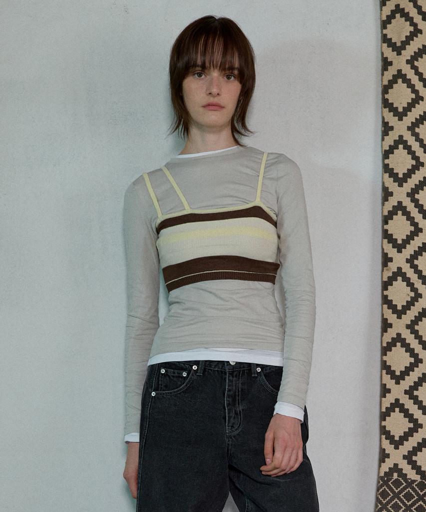 Aobteu Stripe Knit Bra Top - Brown/Lemon