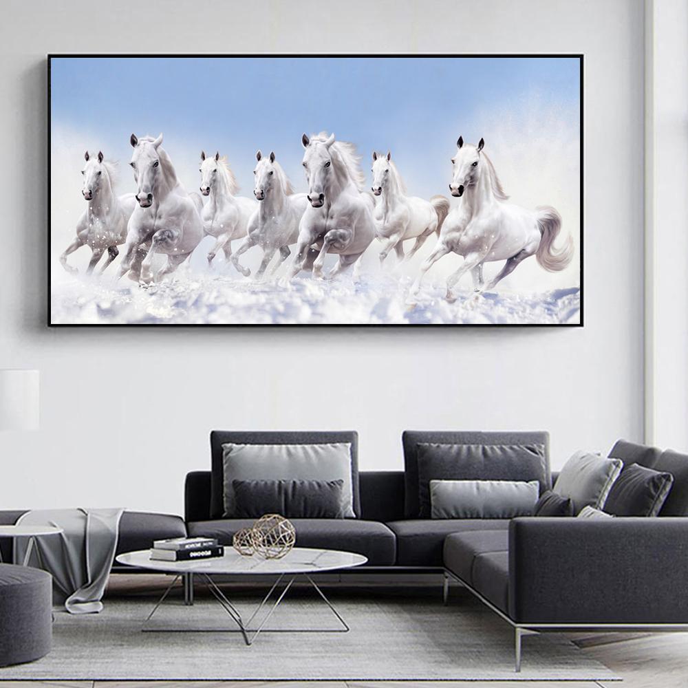 7 White Running Horses Canvas Painting Animal Posters and Prints Wall Art Picture