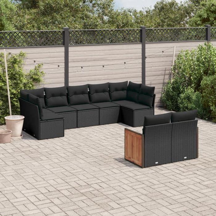 VidaXL Salon de Jardin avec Coussins 9 pcs, Canapés de Terrasse, Ensemble de Meubles de Patio, Mobilier d'Extérieur, Noir 3227966