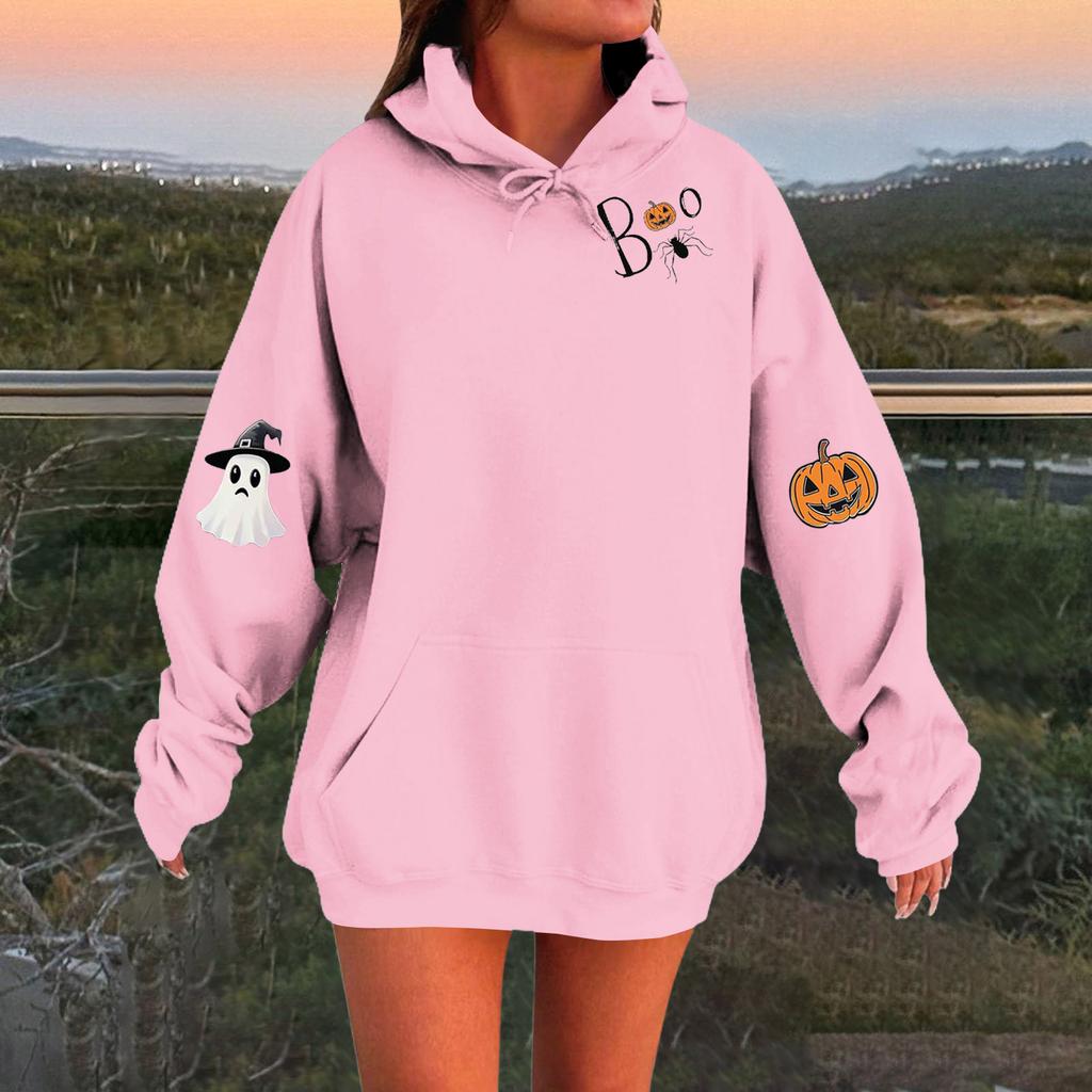 Women's Solid Color Long Sleeve Casual Halloween Print Pullover Hooded Sweatshirt