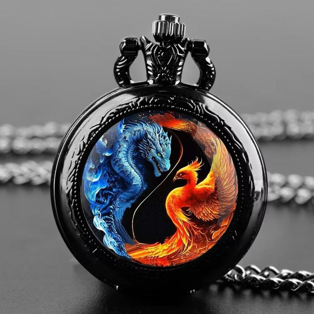 Vintage Retro Dragon Phoenix Chinese Yin yang Quartz Unisex Men Women Pocket Watch Quartz Necklace Pendant Clock Chain  Classic Dial Jewelry Gift