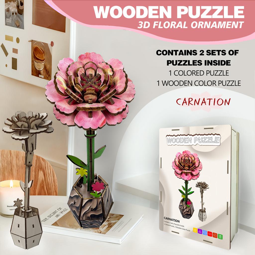 Wacocetoy Cross-Border Carnation Puzzle 3D Wooden Diy Coloring Toy 2-In-1 Set Handmade Puzzle