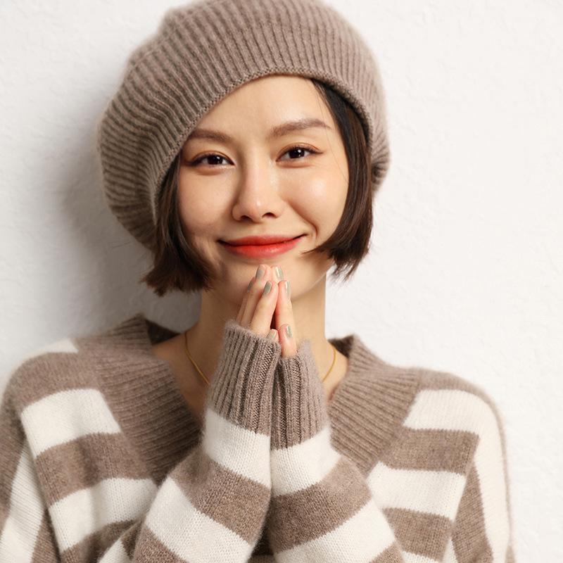 Cashmere Autumn and Winter New Women's High End Solid Color Knitted Outdoor Warm Outer Wear Ingot Needle Beret Hat