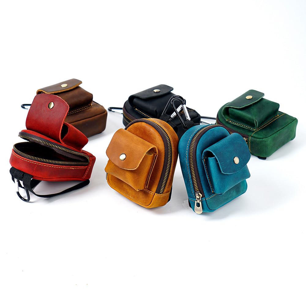 Whatna Natural Thick Cowhide Leather Coin Purse Coin Case Mini Sacoche Carabiner Pouch Belt Loop Mini Waist Bag Pouch Genuine Leather Earphone Storage