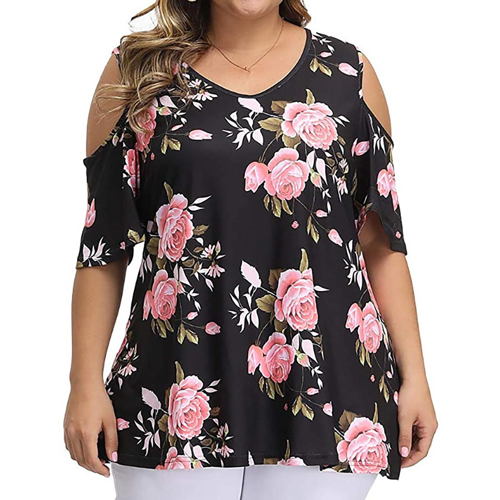 

Women Fashion Floral Printing Short Sleeve T-Shirt Plus Size Round Neck Tops XXXXL чорний