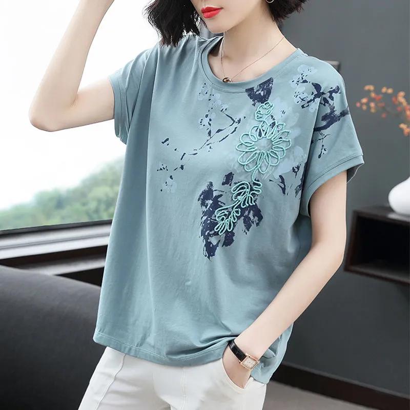 Damen Sommer Blumen Kurzarm Lockeres T-Shirt Rundhals Bequeme Alltags-Tops
