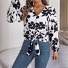 Women Spring Autumn Temperament Print V-Neck Long Sleeve Shirt Blouses