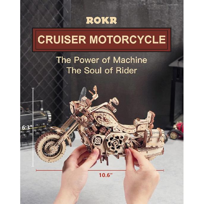 ROKR 3D Wooden Motorcycle Puzzle-Wood Model Car Kits To Build for Adults-Brain Teaser Gearjits Puzzle-1:8 Scale Cruiser Motorcycle As A Gift for