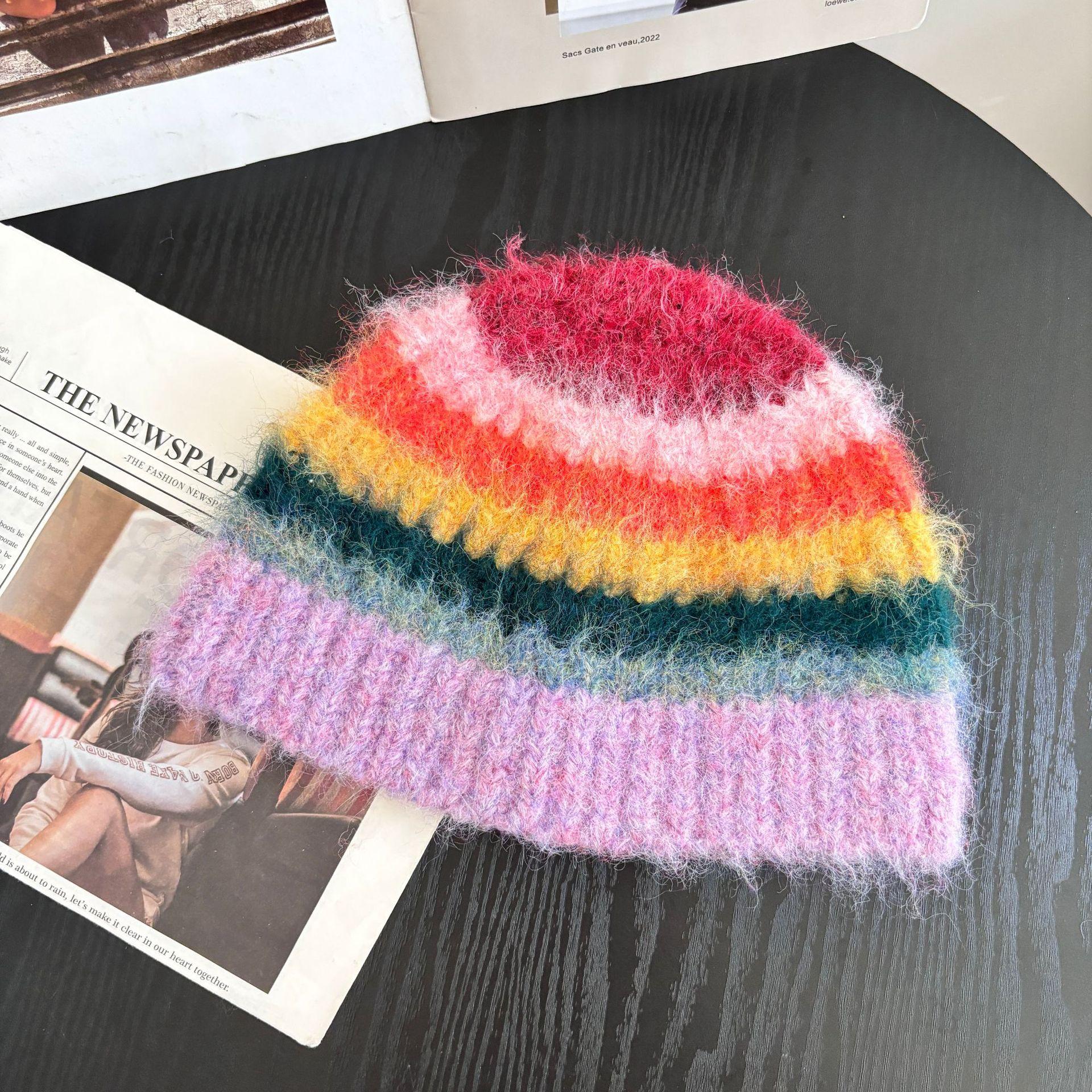 

Warm hat, ear protector, cold hat, multi-color versatile hat, autumn and winter fashion wool hat, multi-layer striped knitted hat M（56-58cm） фиолетовый