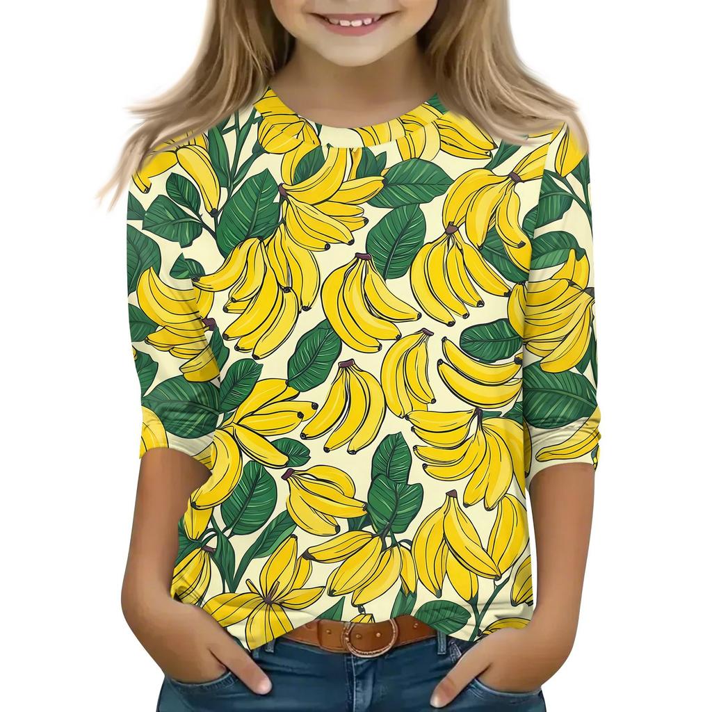 Tops à manches 3/4 pour enfants T-shirt imprimé décontracté Col rond Pull Blouse