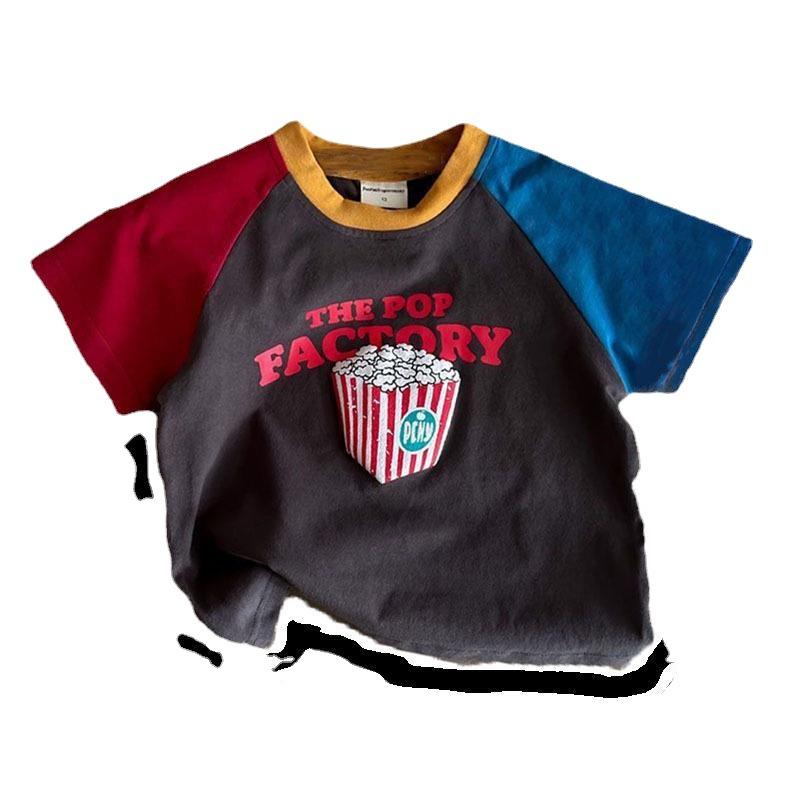 

Детская футболка из чистого хлопка с короткими рукавами, летняя одежда, контрастные цветные топы с мультяшным принтом для мальчиков и девочек, детские лоскутные топы 150cm