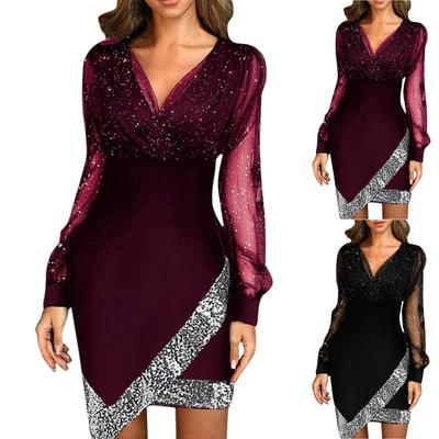 Women's Fashion Mesh-Panel Solid Color V-Neck Long-Sleeve Dress