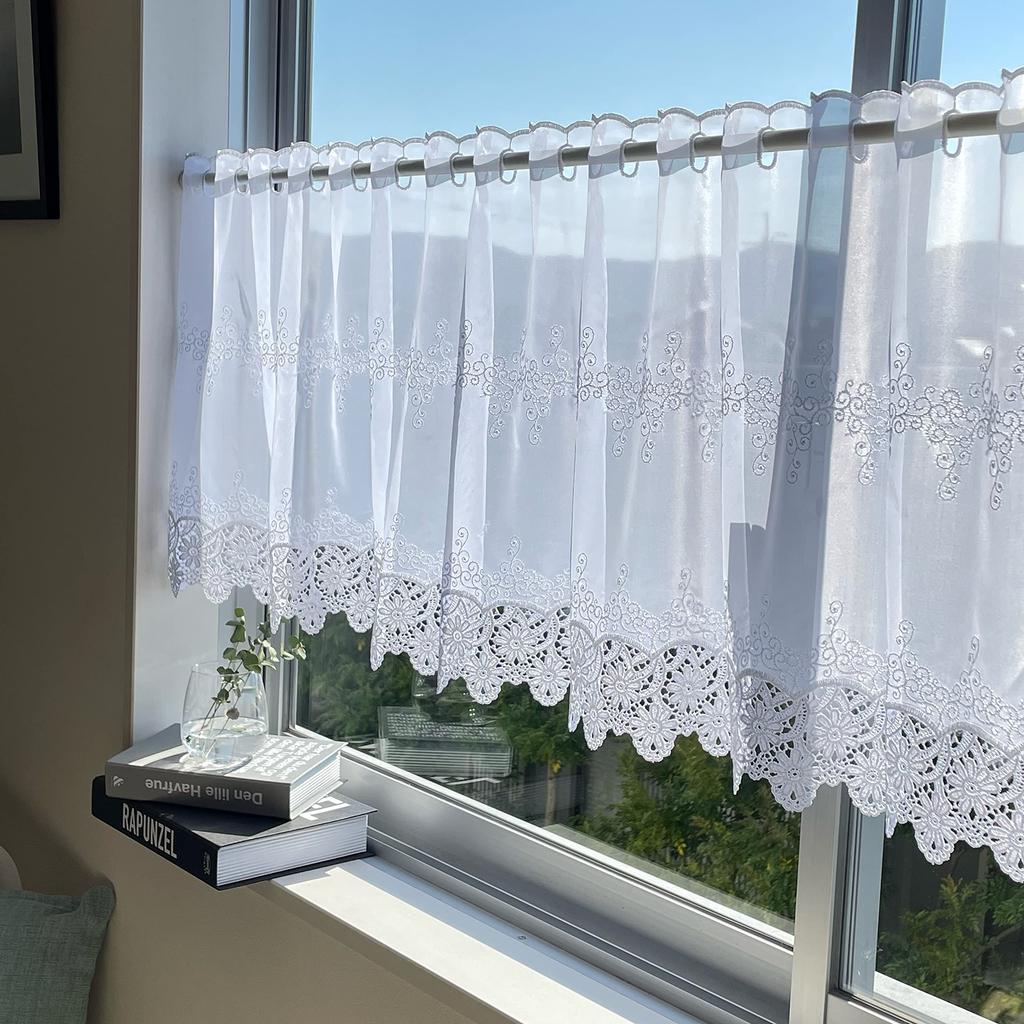 INTERIX Embroidered Lace Cafe Curtain for Small Made In 155cm Wide X 60cm Windows, Japan, Long, Aster, White, CF3-155-60