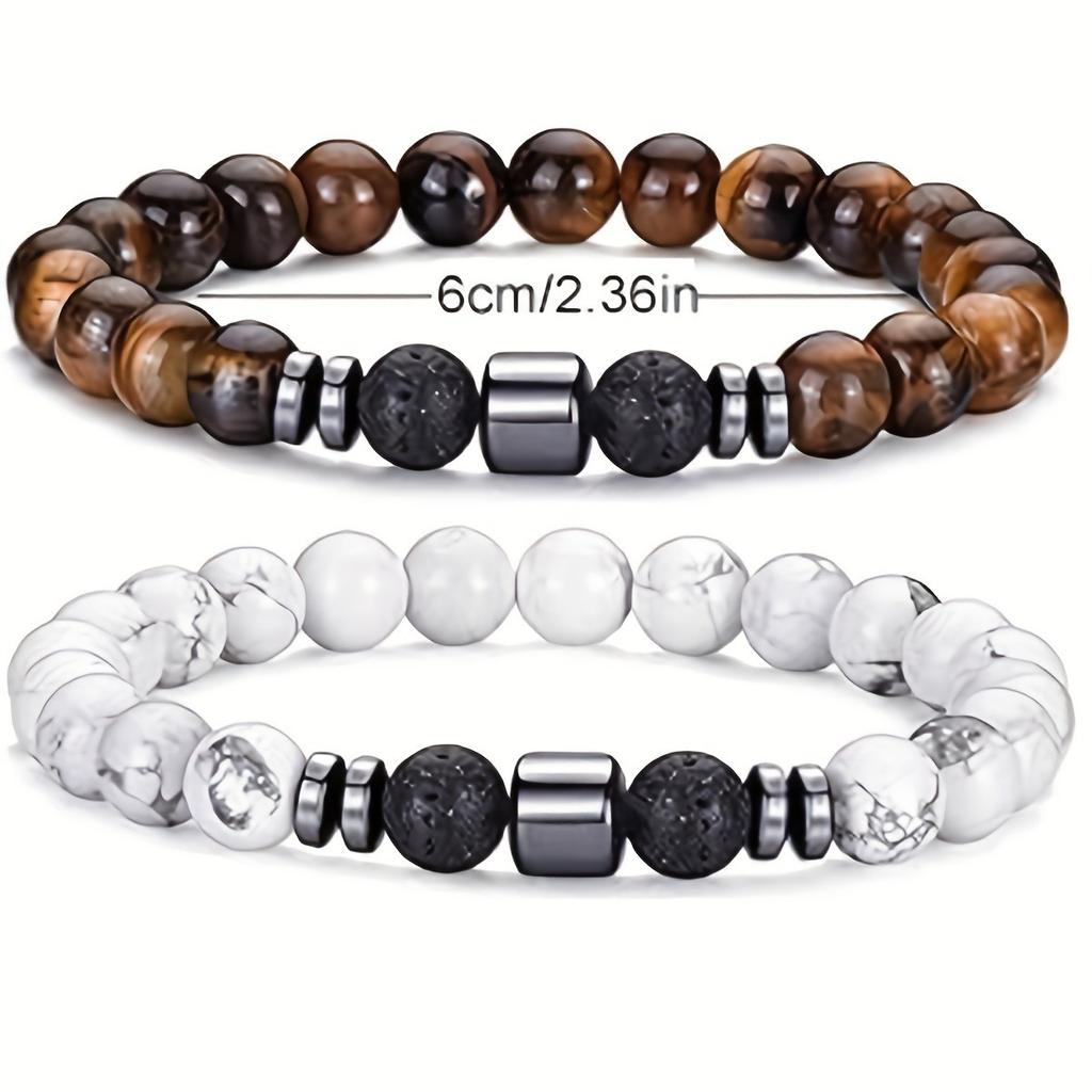 4Pcs Natural Stone Beaded Bracelets Set For Couples Men Women Distance Black White Natural Lava Stone Tiger Eye Bead Guard Bracelet