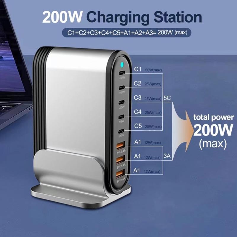 Aluminum Alloy Desktop Stand Charging Adapter 200W Charger with 3xUSB and 5xType C Interfaces for Multiple Devices