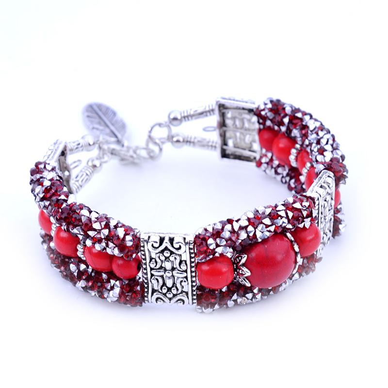 

Boho Vintage Crystal Blue Stone Beads Handmade Bracelet for Women Tibetan Copper Bohemain Feather Charm Bracelet Bangle Zircon красный