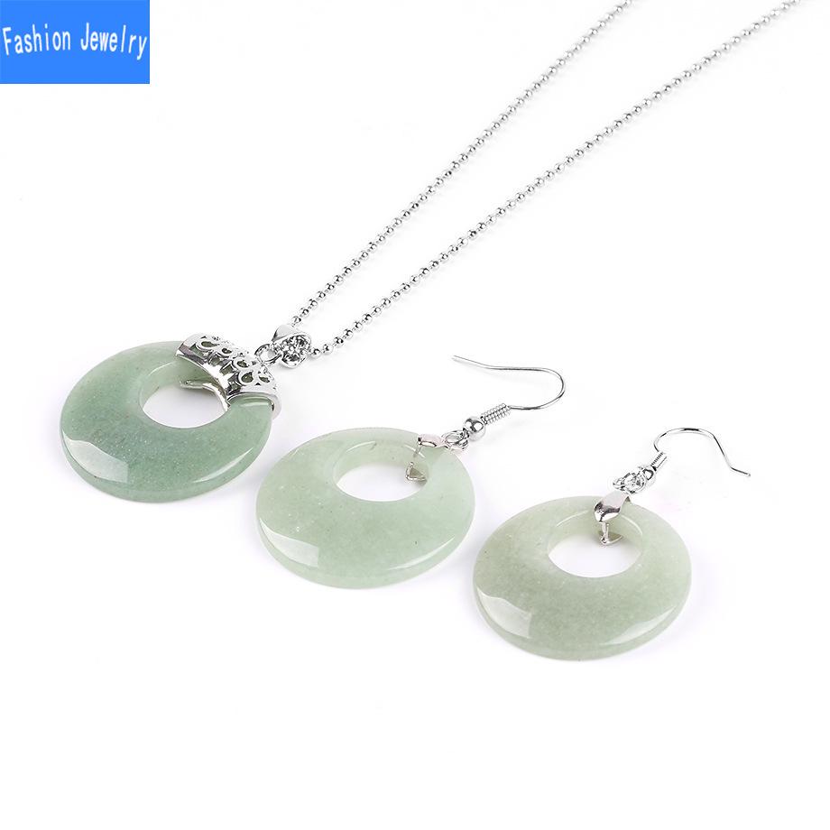 Damen Naturstein Hohl Konzentrisch Rund Set Blume Grün Weiß Kristall Tigerauge Stein Ohrring Halskette Set