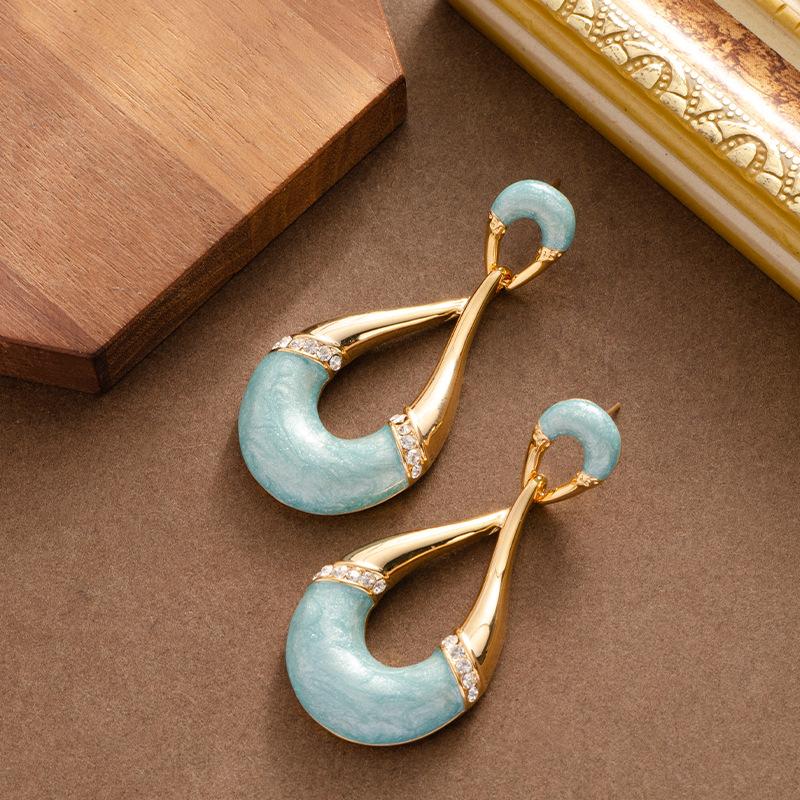 

French retro elegant antique enamel oil drip diamond water drop earrings, light luxury temperament high-end earrings синий