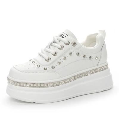 7cm Cuir Véritable Femmes Mode Décontracté Bling Baskets Chunky Plateforme Compensée Vulcanisées Automne Printemps Talons Cachés Chaussures Dames