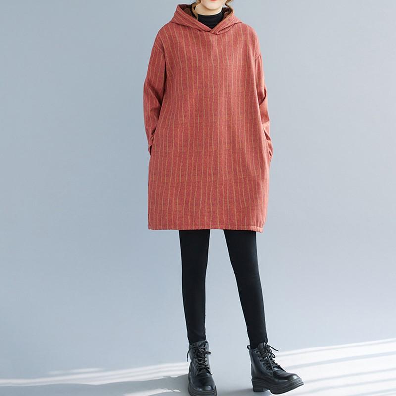 Long Sleeve Plus Size Cotton Hooded Vintage Stripe New In Dresses for Women Casual Loose Mini Spring Autumn Winter Dress