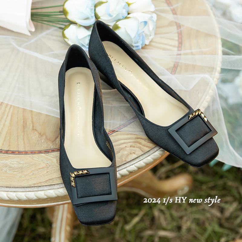 

Upgraded version~ Banana heel square head thick heel high heels women s buckle medium heel single shoes spring 34 чёрный