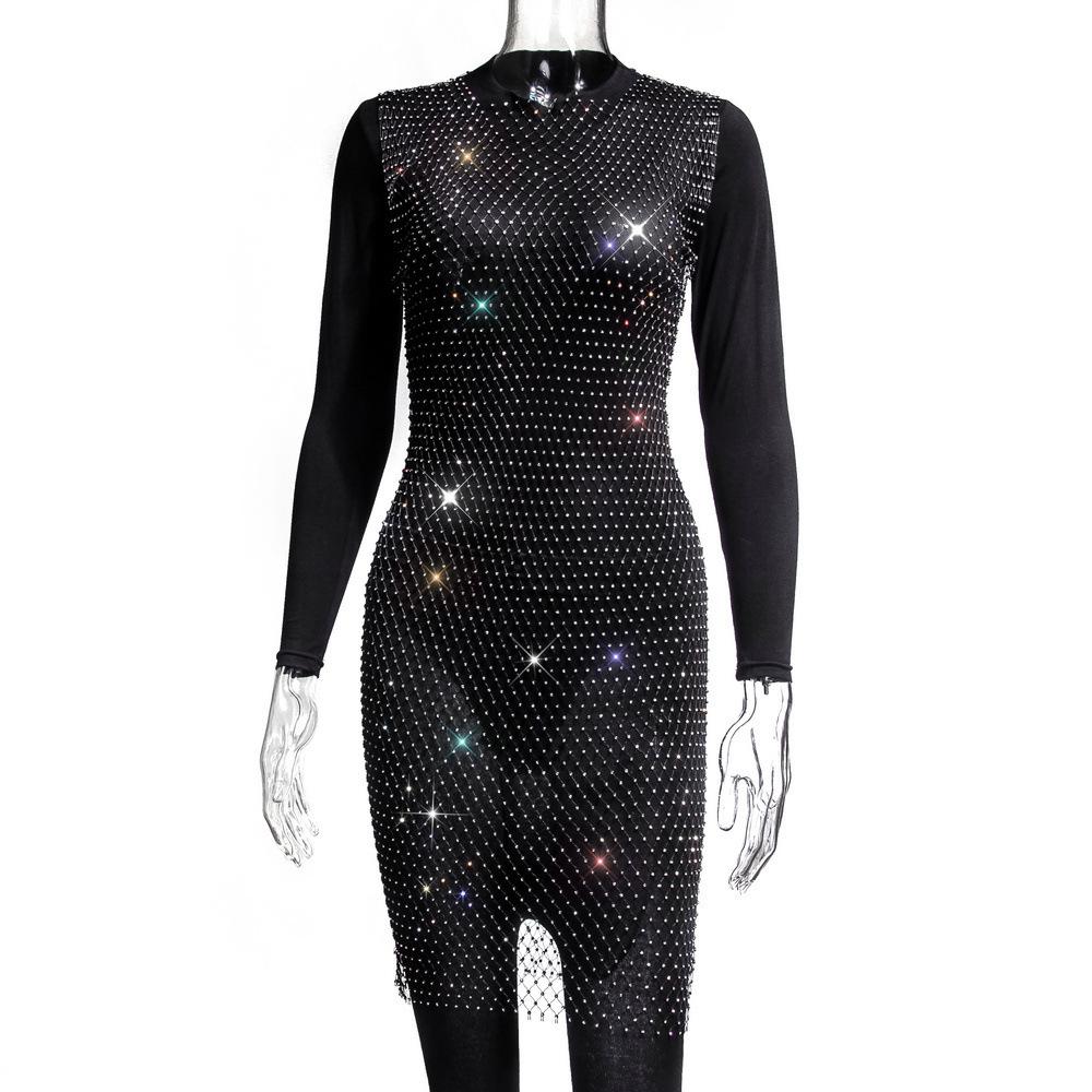 Black Rhinestone Fishnet Sheer Bodycon Mini Dress