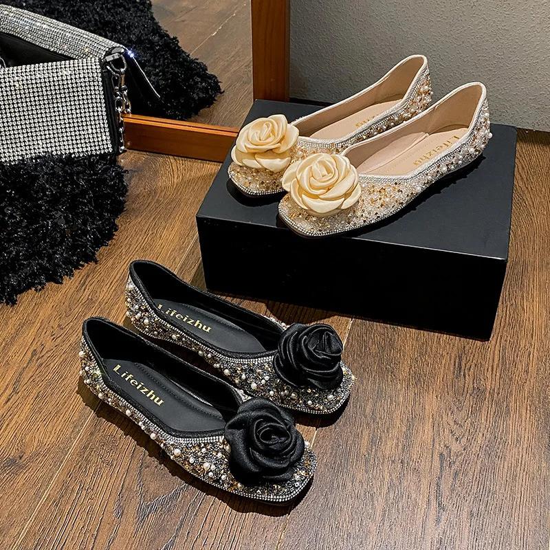 Fashion Women Flat Shoes Bling Rhinestone Flowers Casual Boat Shoes Cool Slip-on Loafers
