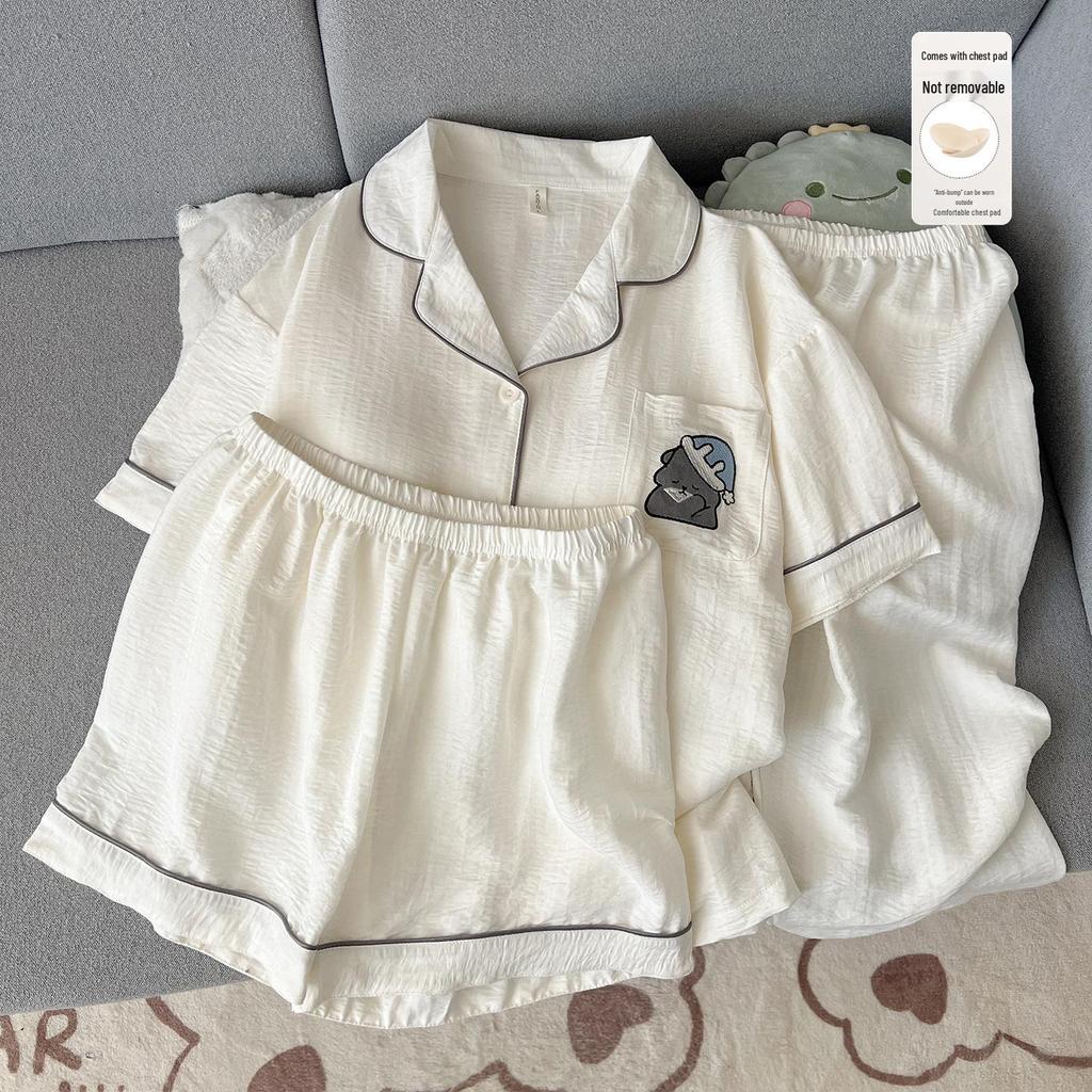 Women's Summer Cartoon Pajama Set: Short-Sleeved, Thin, 3-Piece with Chest Pads Suitable for Home or Outdoor Wear