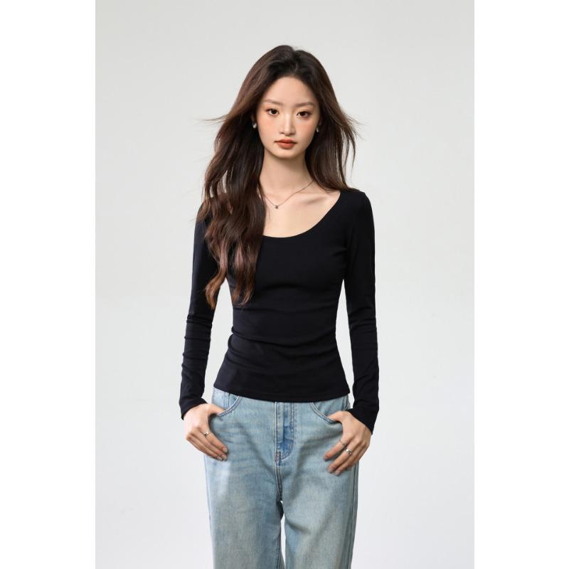 Women S U Neck Long Sleeve Fitted Cotton T Shirt Casual Basic Top