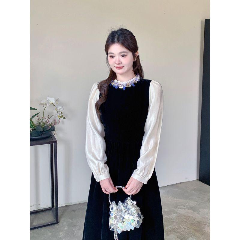 Plus-Size Hepburn-Style Velvet Dress for Women, French-Style Autumn and Winter Black Long-Sleeve Gown
