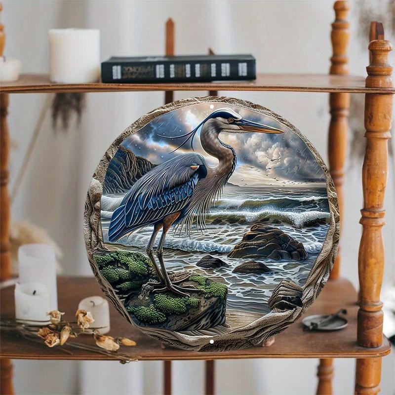 Blue Heron Wooden Plate, 8x8 Inch, Durable and Proof, Suitable for Door or Wall Decoration, Art Home Decor, Easy To Hang
