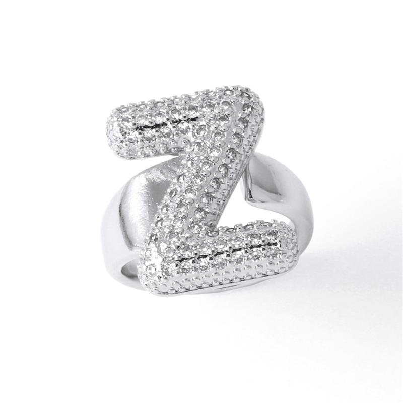 Letter Design Ring with Clear Stone Detail, Copper Base Fashion Jewelry for Daily Outfits, Party Styling and Gifts