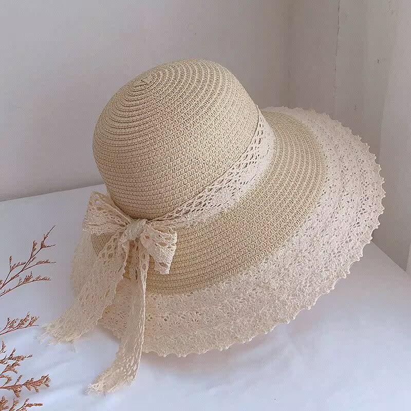 Hollow edge lace bow fashion seaside vacation bucket hat women outdoor sun protection straw hat sun hat summer