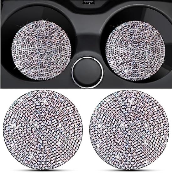 2PCS Bling Car Cup Holder Coaster, Crystal Rhinestone Non-Slip Ert Auto Cup Pads, Sparkling Vehicle Decor Bottle Mat Accessories For Women Girls,