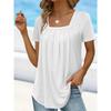 Women Square Neck Short Sleeve Blouse With Pleated Front And Curved Hem Casual Multi Color Summer Top