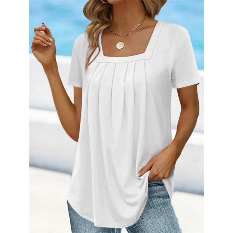 Women Square Neck Short Sleeve Blouse With Pleated Front And Curved Hem Casual Multi Color Summer Top