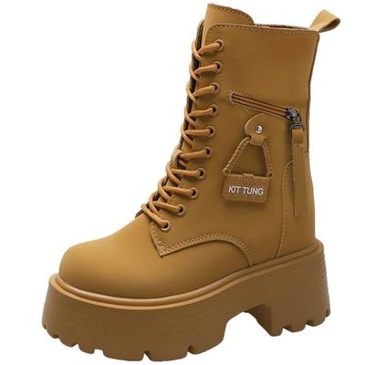 Modne zimowe ciepłe botki dla kobiet skórzane krótkie buty okrągłe noski wysoka platforma futrzane buty motocyklowe gruby obcas trampki buty 9cm