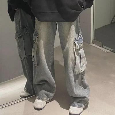 Calças Jeans Unisex de Trabalho em Denim Desgastado Lavado com Multi-Bolsos para Outono/Inverno 2024